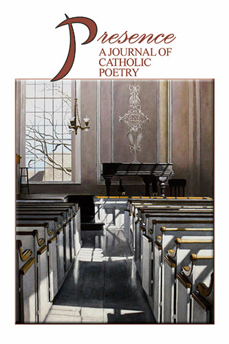 Interior of a sunlit church with rows of white pews, a grand piano near the front, and a large window casting shadows on the floor; above is the logo and title “Presence: A Journal of Catholic Poetry.”