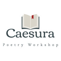Caesura Poetry Workshop logo open book with red bookmark
