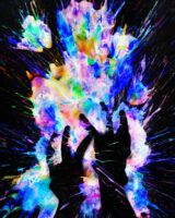 shadowy hands in front of a burst of colors