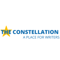 yellow start with blue text on a white background saying The Constellation A Place for Writers