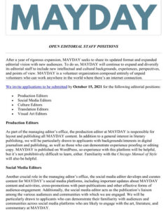 screenshot of MAYDAY's call for volunteer editors