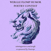 2022 Winning Writers Wergle Flomp Contest banner ad with drawn lion head on lilac background