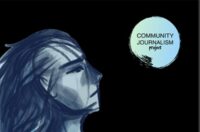 Drawn image of a face in profile looking at a full moon with the words Community Journalism Project