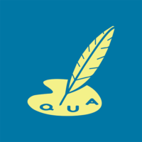 Qua logo - a yellow quill on top of a painter's palette with Qua written on it