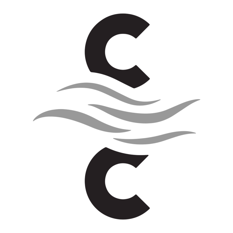 Two letter black letter c with gray line waves in between