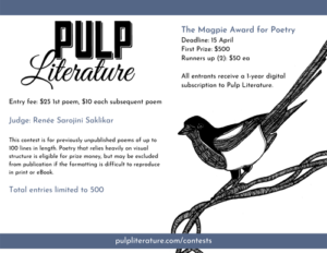 Screenshot of Pulp Literature's flyer for the Magpie Award for Poetry 2022
