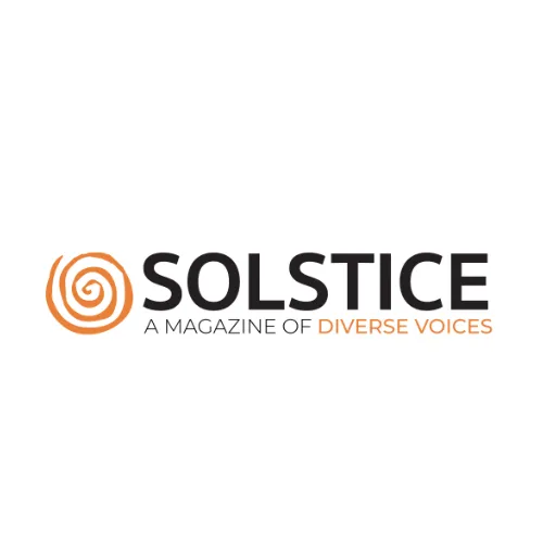Logo for Solstice: A Magazine of Diverse Voices, featuring an orange hand-drawn spiral icon next to the name in bold black text.