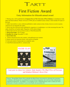Screenshot of Fifteenth annual Tartt First Fiction Award from Livingston Press flier