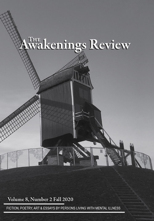 Black and white photograph of a windmill for The Awakenings Review Fall 2020 cover