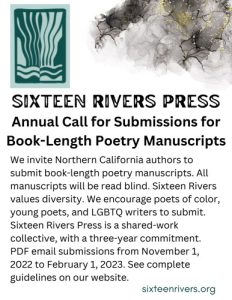 Screenshot of Sixteen Rivers Press 2022-23 Submissions call flyer