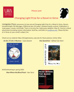 Screenshot of the inaugural Changing Light Prize for a Novel-in-Verse flyer for the NewPages eLitPak Newsletter