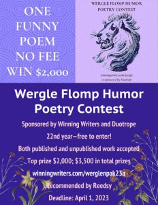 Screenshot of Winning Writers' March 2023 Last Call: 2023 Wergle Flomp Humor Poetry Contest flyer