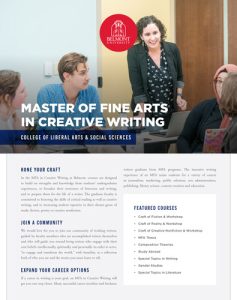 Screenshot of Belmont University MFA in Creative Writing flyer for 2023 application deadline