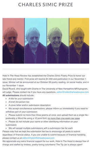 Screenshot of Hole in the Head Review's flyer for the 2023 Charles Simic Poetry Prize