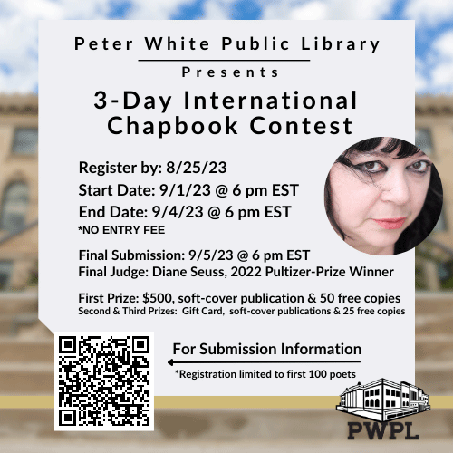 Screenshot of Flyer for the 2023 3-day International Chapbook Contest from Peter White Public Library