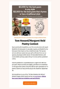 Screenshot of Winning Writers flyer for the 2023 Tom Howard/Margaret Reid Poetry Contest