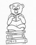 drawing of a bear reading a book while sitting on a stack of books