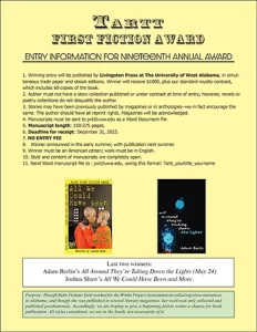 Screenshot of Livingston Press' flyer for the 19th Annual Tartt First Fiction Award