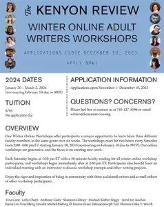 screenshot of Kenyon Review's flyer promoting Winter 2024 Adult Online Writing Classes