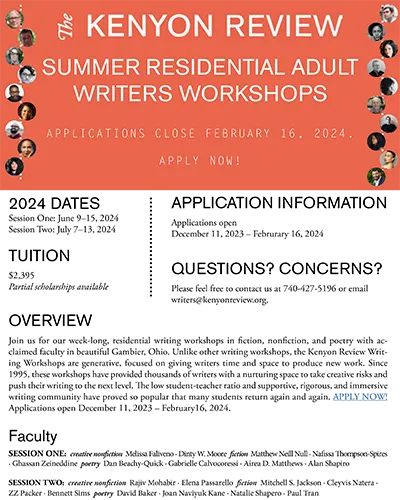 Screenshot of Kenyon Review's 2024 Summer Residential Adult Writers Workshops