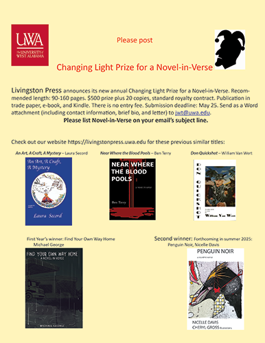 screenshot of Livingston Press' flyer for the 2025 Changing Light Prize for a Novel-in-Verse