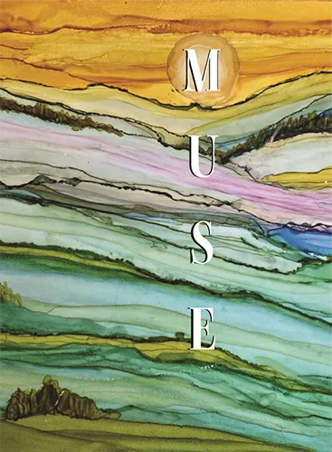 Colorful abstract landscape painting with the word 'MUSE' vertically aligned in white letters.