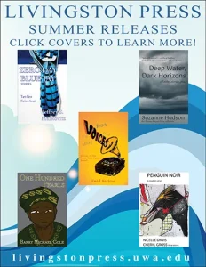Flyer showcasing five new summer 2025 book releases from Livingston Press, including titles by Jeffrey Voigt, Suzanne Hudson, and others.