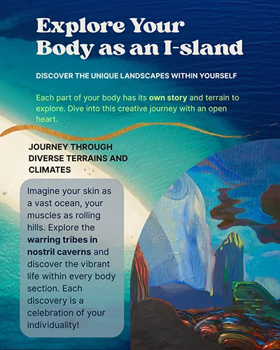 Text-based image with the title “Explore Your Body as an I-sland.” The image encourages viewers to imagine their body as a unique island landscape, with poetic descriptions like “skin as a vast ocean” and “tribes in nostril caverns.” Designed to inspire creative writing and self-reflection.
