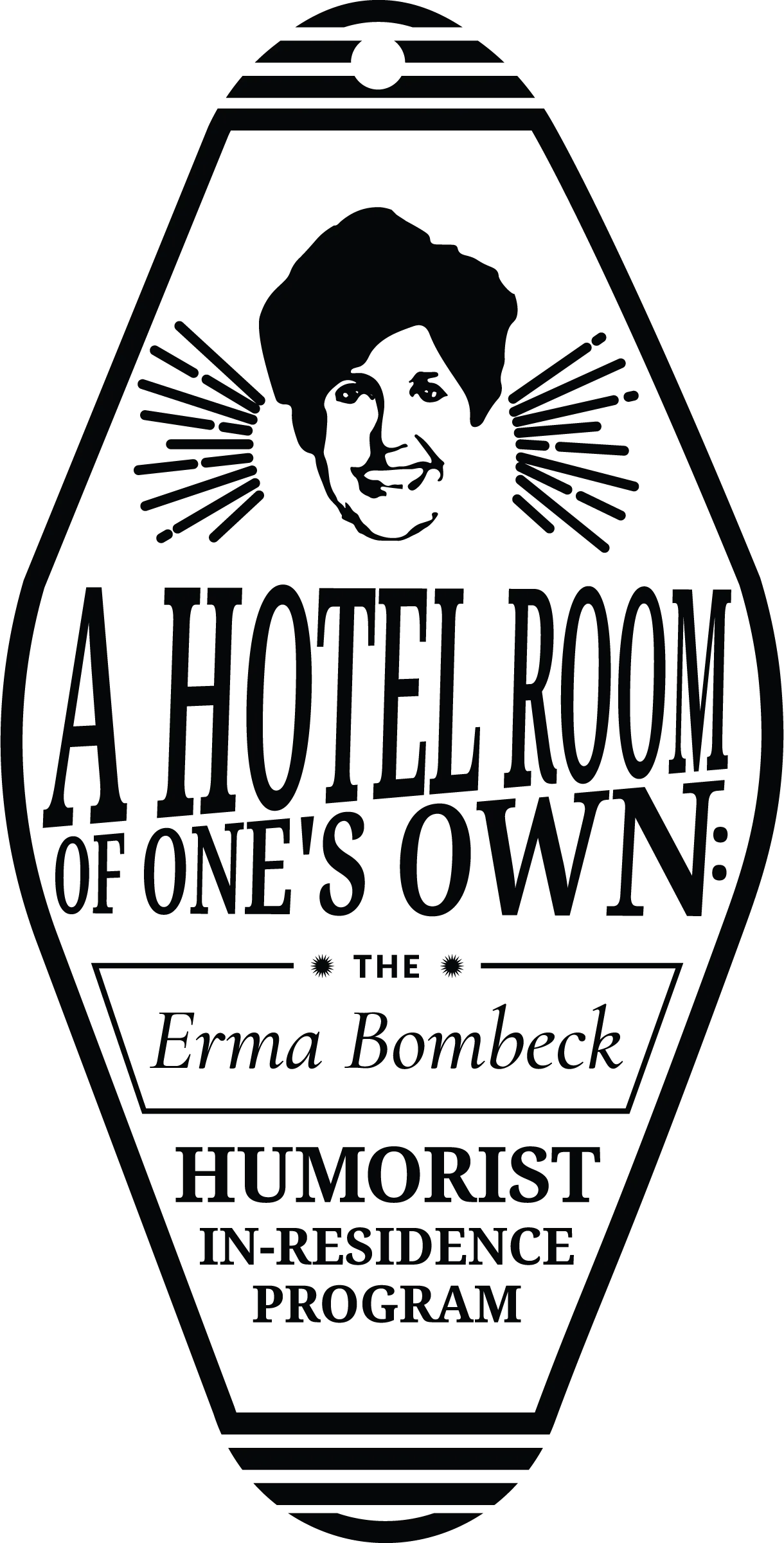 Black and white graphic of a vintage hotel key tag with text promoting the Erma Bombeck Humorist In-Residence Program.