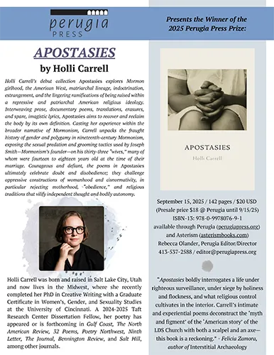 Flyer for Apostasies by Holli Carrell, winner of the 2025 Perugia Press Prize, featuring book details, author bio, and praise quotes.