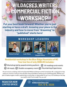 Flyer for Wildacres Writers 2025 Commercial Fiction Workshop, featuring workshop leaders and event details.