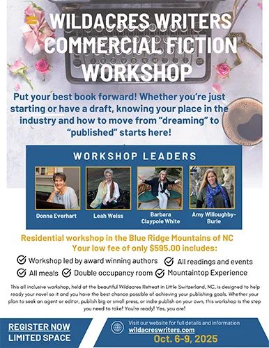 Flyer for Wildacres Writers 2025 Commercial Fiction Workshop, featuring workshop leaders and event details.