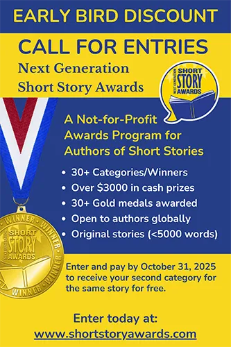 A promotional poster for the Next Generation Short Story Awards, highlighting an early bird discount for entries. The poster features a gold medal and a blue ribbon with text detailing the awards program.