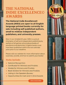 A flyer for The National Indie Excellence Awards (NIEA) with information about eligibility, perks, and how to enter.