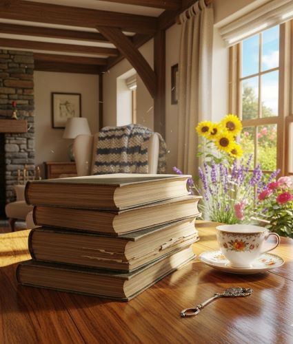 Stack of books on a table in a cottage with a window overlooking a summer garden