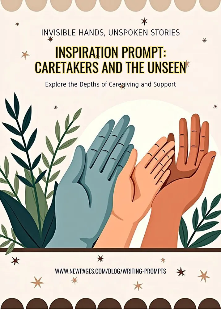 Illustration of three raised hands in different skin tones surrounded by leafy plants, symbolizing unity and caregiving.