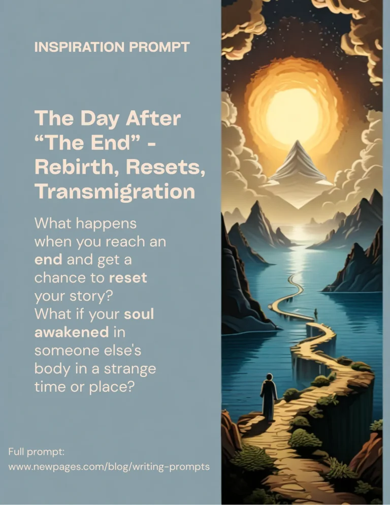 A flyer titled "Inspiration Prompt" with a surreal landscape background showing a winding path leading to a glowing sun. Text reads: "The Day After 'The End' – Rebirth, Resets, Transmigration. What happens when you reach an end and get a chance to reset your story? What if your soul awakened in someone else's body in a strange time or place?"