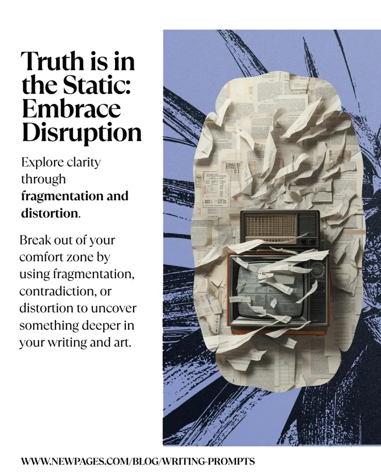 Experimental writing prompt graphic: ‘The Truth Is in the Static—Embrace Disruption,’ grayscale design with high-contrast typography.