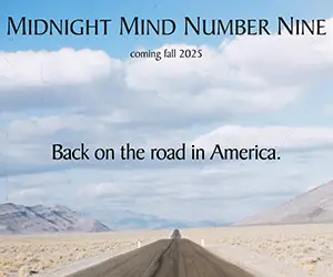 Banner ad for Midnight Mind Magazine Issue 9, featuring a desert road with mountains in the background and text announcing the issue's release in fall 2025.
