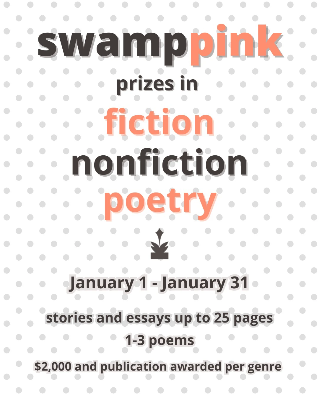 Promotional graphic for Swamp Pink literary prizes featuring a gray polka-dot background with bold text announcing prizes in fiction, nonfiction, and poetry. Includes details: January 1–31 submission window, stories and essays up to 25 pages, 1–3 poems, and $2,000 plus publication awarded per genre.