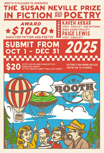 A colorful poster announcing the Susan Neville Prize in Fiction and Poetry, featuring a hot air balloon scene with people and animals.