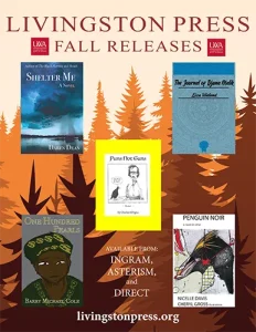 Promotional poster for Livingston Press’s fall releases, featuring five book covers with titles and authors, set against an autumn forest background.