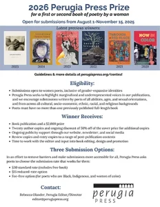 Flyer for the 2026 Perugia Press Prize, detailing eligibility, submission options, and contact information.