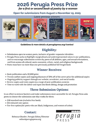 Flyer for the 2026 Perugia Press Prize, detailing eligibility, submission options, and contact information.