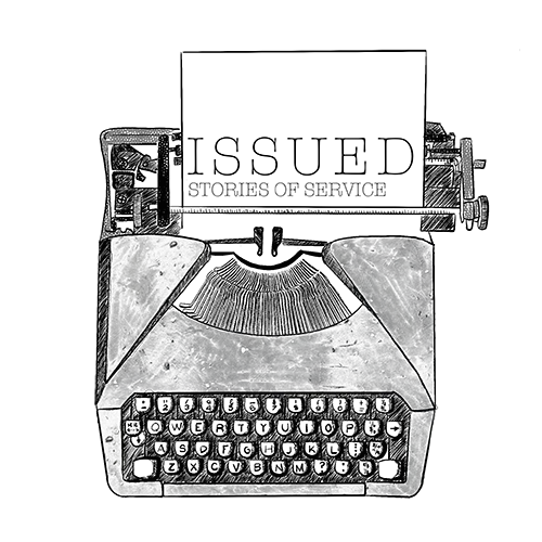 Black-and-white illustration of a vintage typewriter with a sheet of paper inserted. The paper displays the text “ISSUED” in large serif letters and “STORIES OF SERVICE” in smaller letters beneath it.