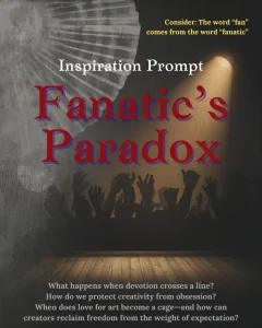 Dark stage with spotlight illuminating raised hands in silhouette, overlaid with text “Inspiration Prompt: Fanatic’s Paradox” and questions about obsession and creative freedom.