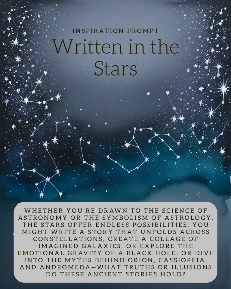 A starry night sky with constellations and the title “Written in the Stars” above a creative prompt encouraging artistic exploration of astronomy, astrology, and myth.