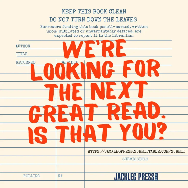 Promotional image with "We're Looking for the Next Great Read. Is that you?" scrolled over an old library catalog card.