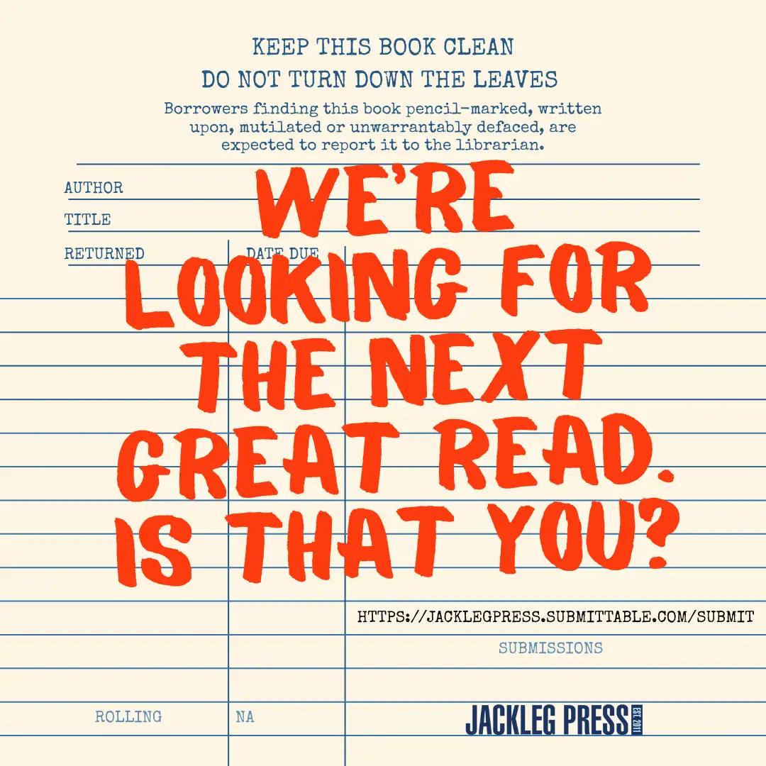 Promotional image with "We're Looking for the Next Great Read. Is that you?" scrolled over an old library catalog card.