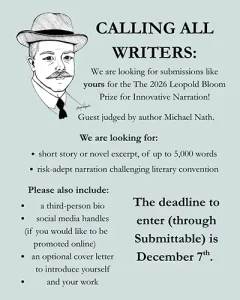 Minimalist flyer announcing the 2026 Leopold Bloom Prize for Innovative Narration by L’Esprit Literary Review. Text invites submissions of short stories or novel excerpts up to 5,000 words, judged by author Michael Nath. Deadline: December 7 via Submittable.